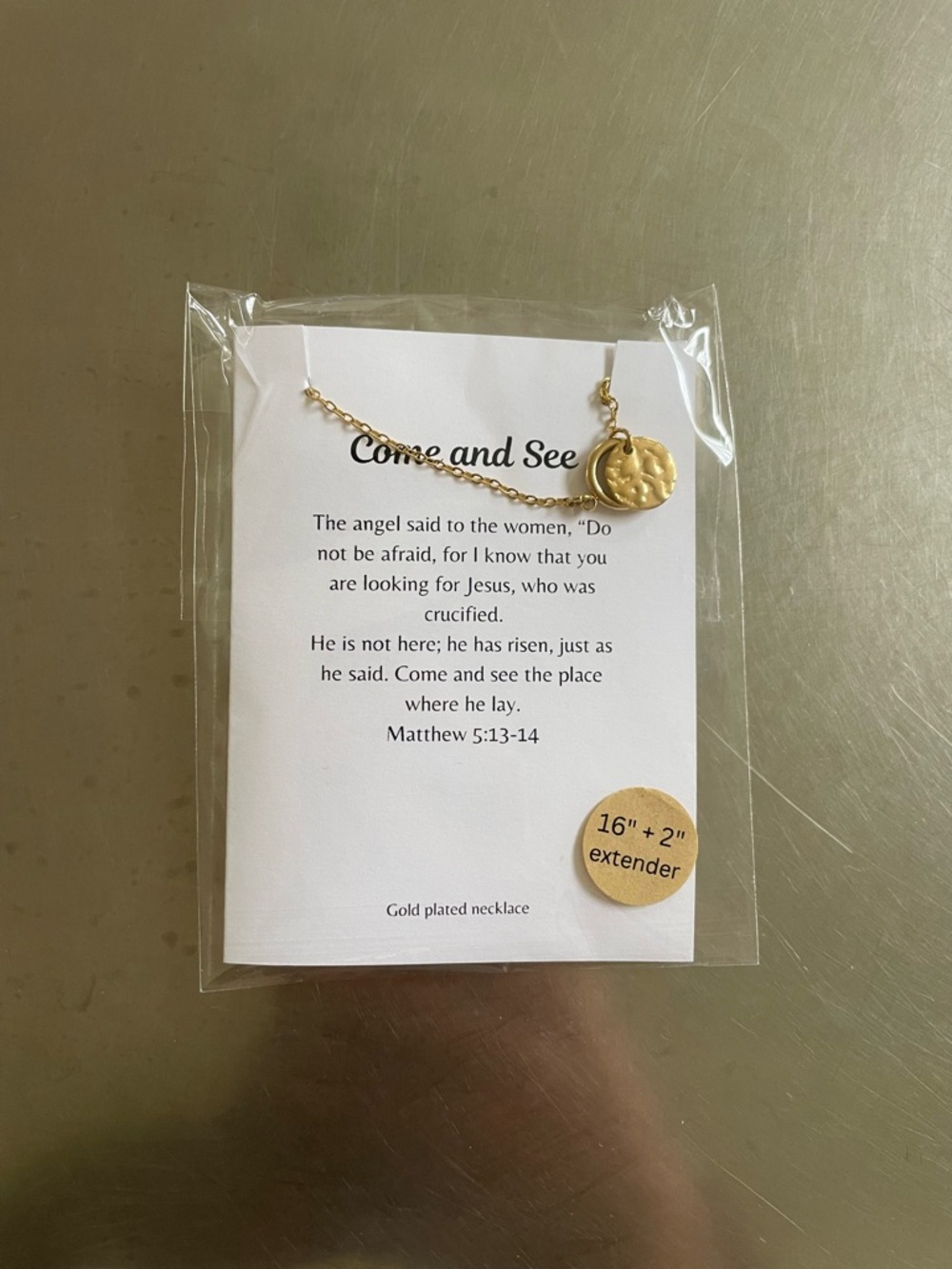 Gold Disc Pendant Necklace - Inspirational 'Come and See'